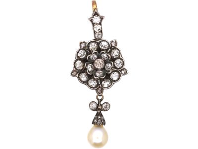 Edwardian Tudor Rose Diamond Pendant with Natural Pearl Drop