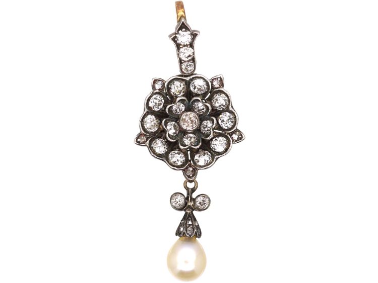 Edwardian Tudor Rose Diamond Pendant with Natural Pearl Drop