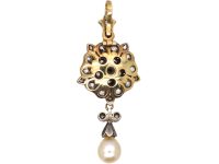 Edwardian Tudor Rose Diamond Pendant with Natural Pearl Drop