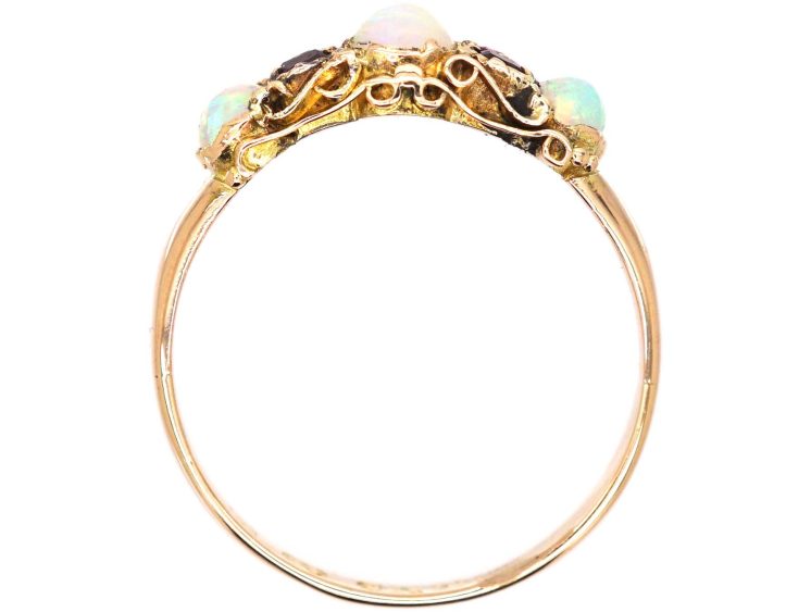 Early Victorian 15ct Gold Three Stone Opal & Ruby Ring