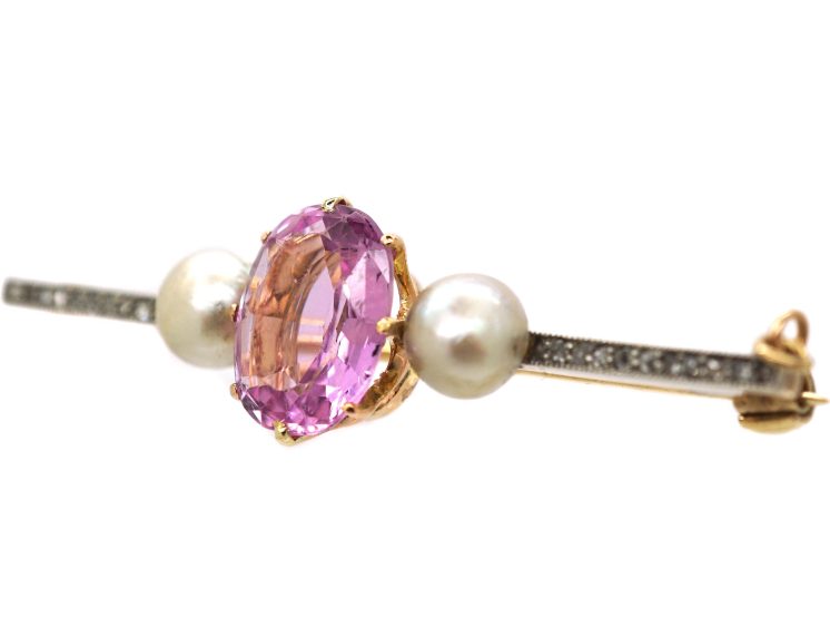 Edwardian 15ct Gold & Platinum, Pink Topaz, Rose Diamond & Natural Pearl Brooch