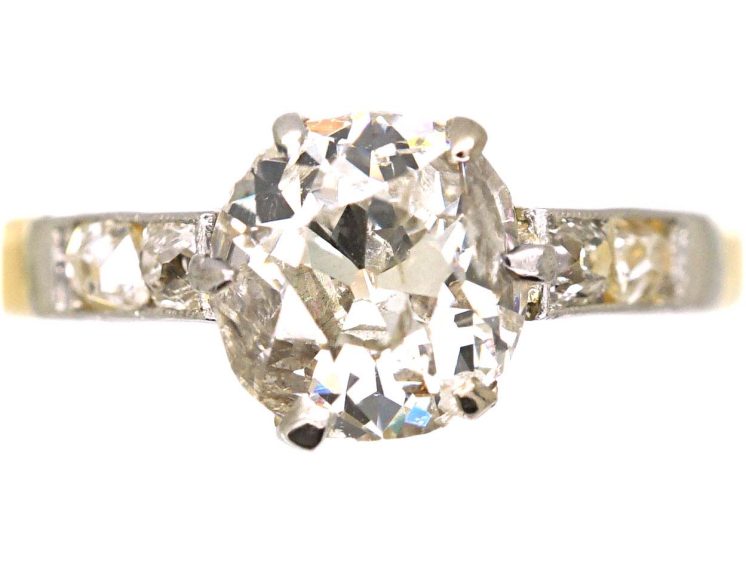 Early 20th Century 18ct & Platinum, Old Mine Cut Diamond Solitaire Ring with Diamond set Shoulders
