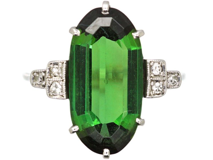 Art Deco Platinum Ring set with an Oval Green Tourmaline with Diamond Set Shoulders