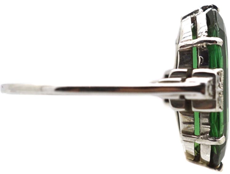 Art Deco Platinum Ring set with an Oval Green Tourmaline with Diamond Set Shoulders