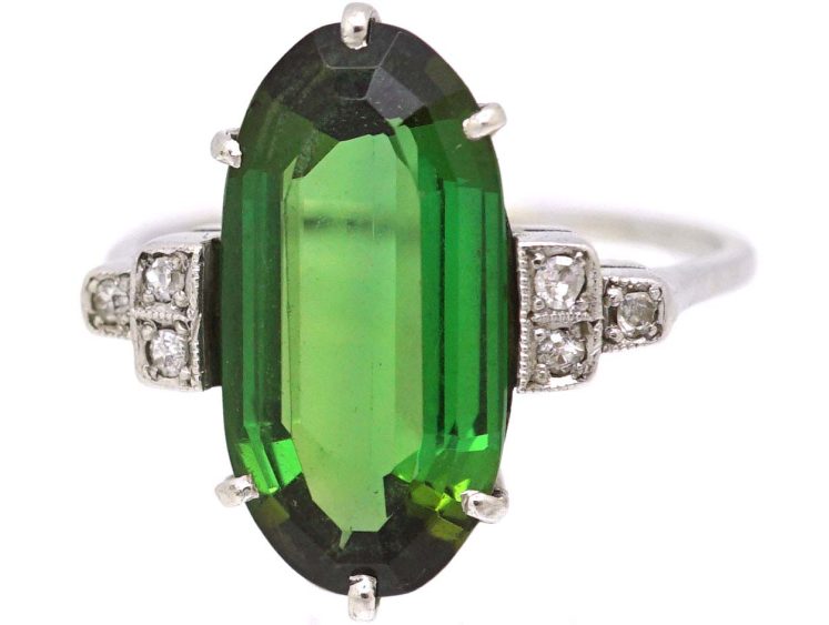 Art Deco Platinum Ring set with an Oval Green Tourmaline with Diamond Set Shoulders