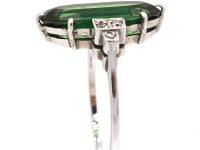 Art Deco Platinum Ring set with an Oval Green Tourmaline with Diamond Set Shoulders
