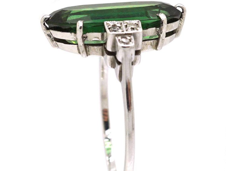 Art Deco Platinum Ring set with an Oval Green Tourmaline with Diamond Set Shoulders