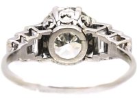 Art Deco Platinum, Diamond Solitaire Ring with Step Cut Shoulders set with Baguette Diamonds