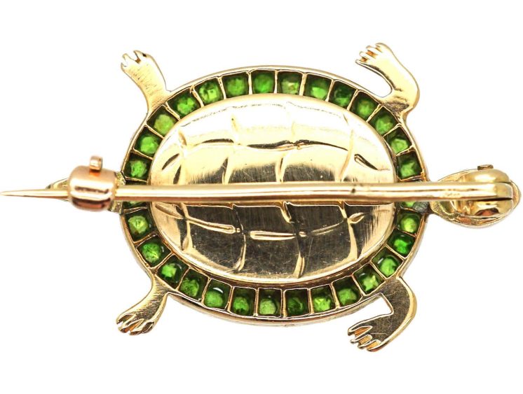 Edwardian 15ct Gold Tortoise Brooch set with a Moonstone, Green Garnets & Rose Diamonds