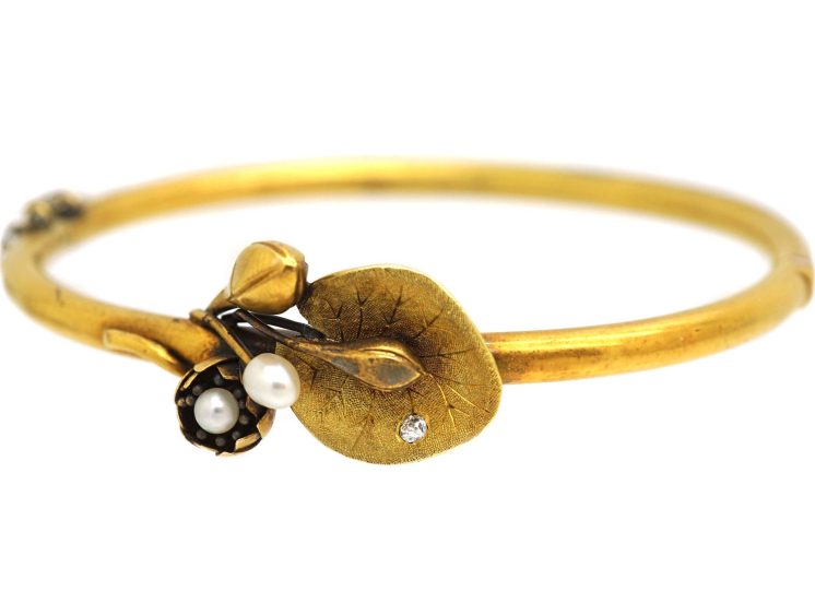 Victorian 15ct Gold Bangle with Lily Pad Motif set with Natural Pearls & a Diamond