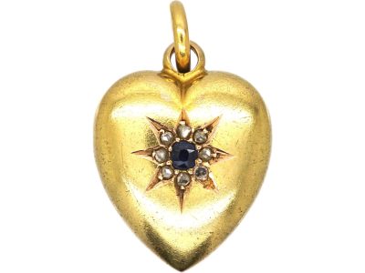 Victorian 15ct Gold Heart Pendant set with a Sapphire & Rose Diamonds