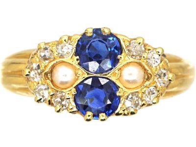 Edwardian 18ct Gold Two Stone Sapphire, Natural Split Pearl & Diamond Ring