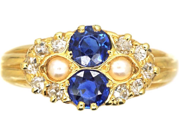 Edwardian 18ct Gold Two Stone Sapphire, Natural Split Pearl & Diamond Ring