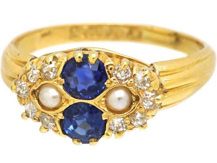 Edwardian 18ct Gold Two Stone Sapphire, Natural Split Pearl & Diamond Ring