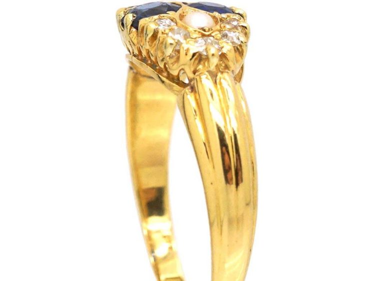 Edwardian 18ct Gold Two Stone Sapphire, Natural Split Pearl & Diamond Ring