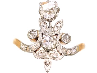 Art Nouveau 14ct Gold & Platinum Rose Diamond Floral Ring