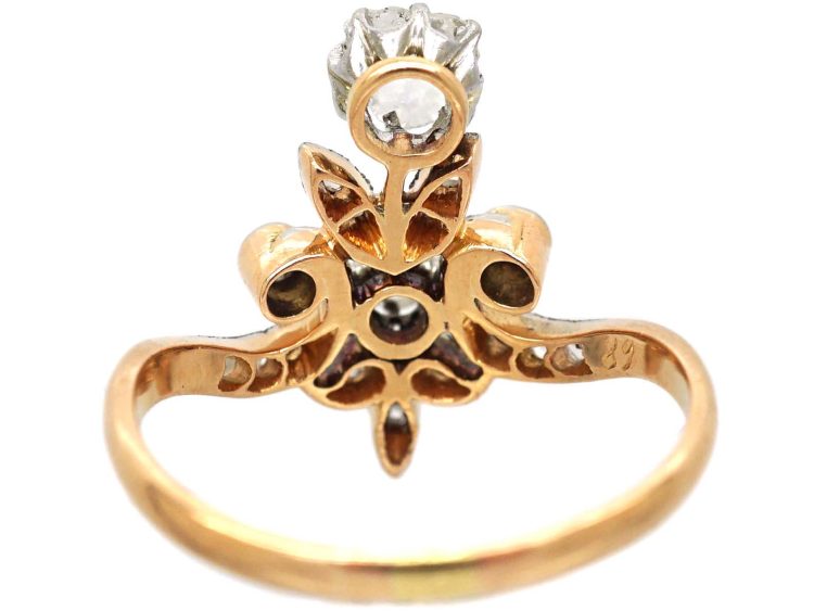 Art Nouveau 14ct Gold & Platinum Rose Diamond Floral Ring