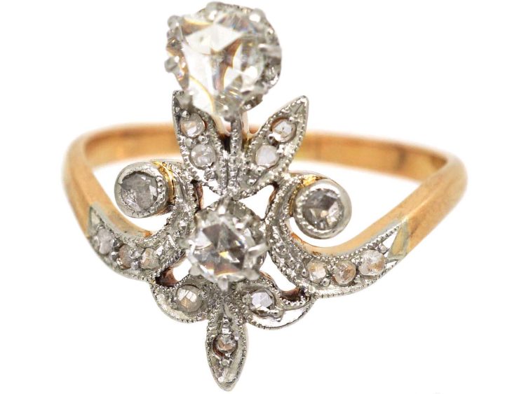 Art Nouveau 14ct Gold & Platinum Rose Diamond Floral Ring