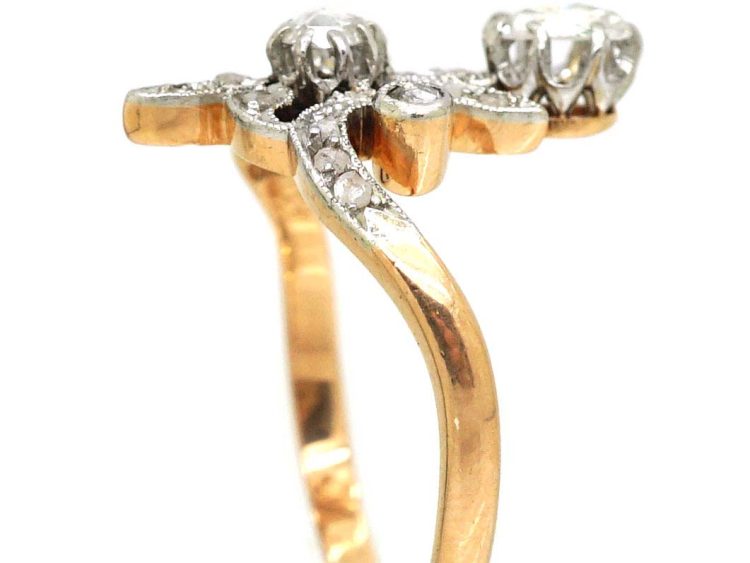 Art Nouveau 14ct Gold & Platinum Rose Diamond Floral Ring