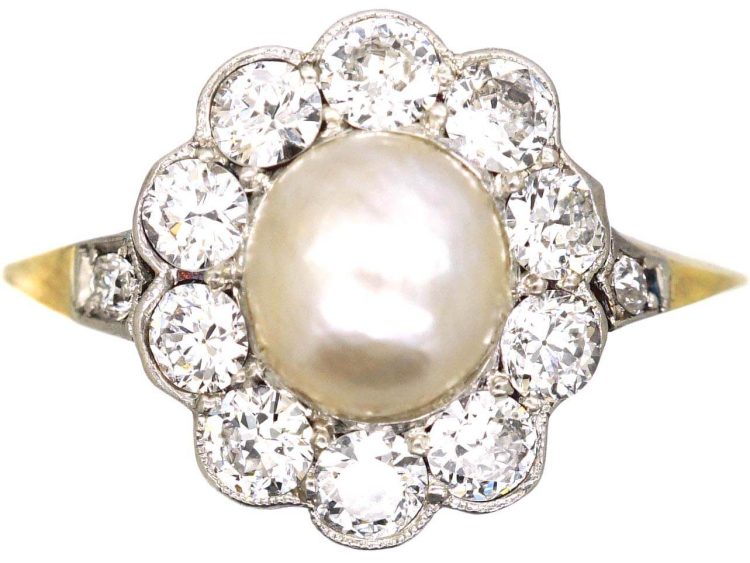 Edwardian 18ct Gold & Platinum Diamond & Natural Pearl Cluster Ring