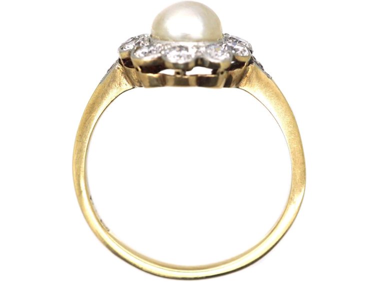 Edwardian 18ct Gold & Platinum Diamond & Natural Pearl Cluster Ring