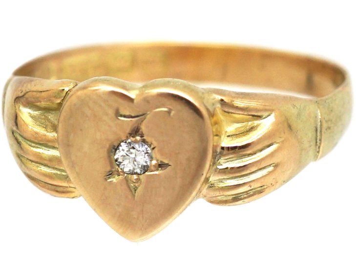 Victorian 9ct Gold Fede & Heart Ring set with a Diamond