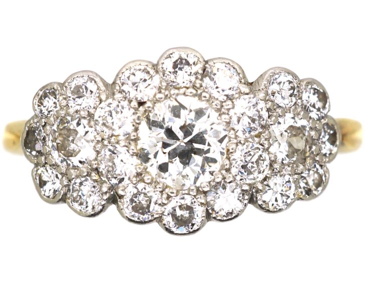 Edwardian 18ct Gold & Platinum Triple Cluster Diamond Ring