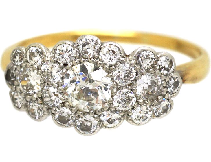 Edwardian 18ct Gold & Platinum Triple Cluster Diamond Ring