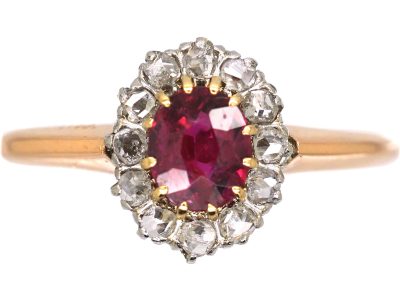 Early 20th Century 14ct Gold,  Ruby & Diamond Oval Cluster Ring