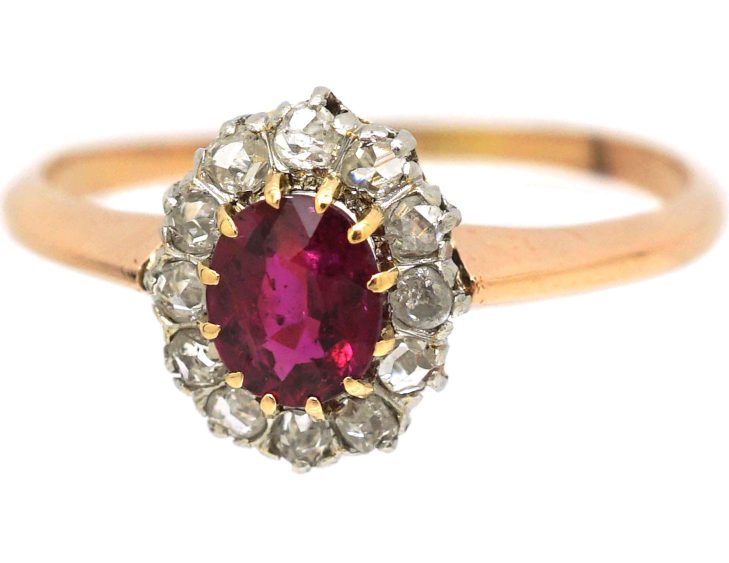 Early 20th Century 14ct Gold,  Ruby & Diamond Oval Cluster Ring