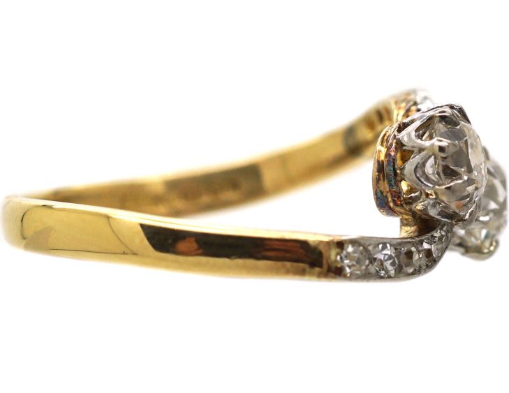 Early 20th Century 18ct Gold & Platinum Two Stone Diamond Crossover Ring