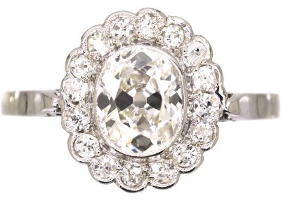 French Early 20th Century 18ct White Gold Diamond Cluster Ring
