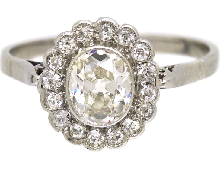 French Early 20th Century 18ct White Gold Diamond Cluster Ring