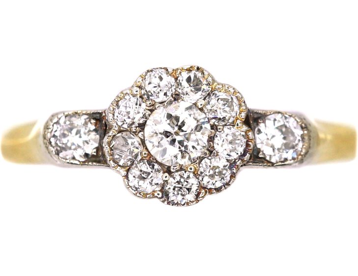 Edwardian 18ct Gold & Platinum Diamond Cluster Ring with Diamond set Shoulders