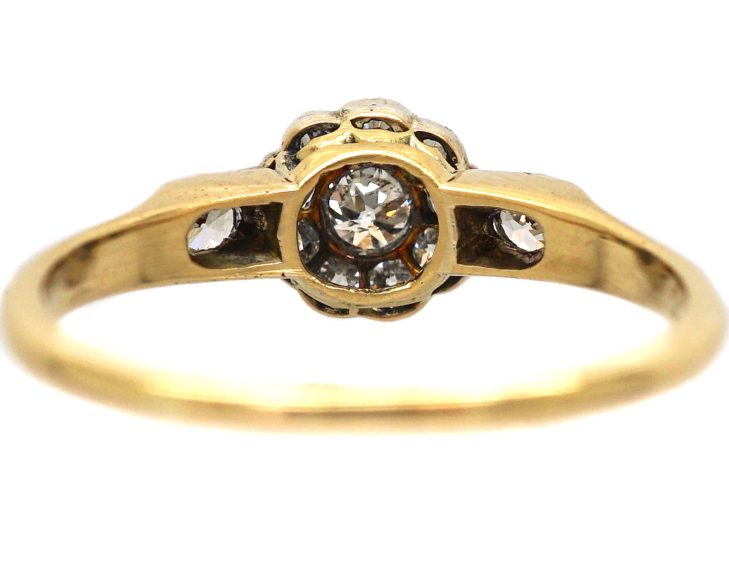 Edwardian 18ct Gold & Platinum Diamond Cluster Ring with Diamond set Shoulders