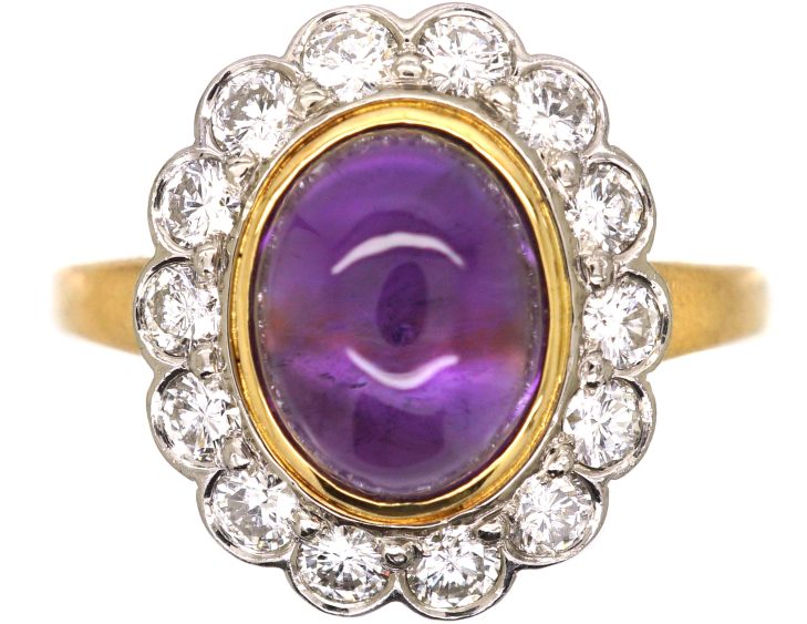 Vintage 18ct Gold, Cabochon Amethyst & Diamond Oval Cluster Ring