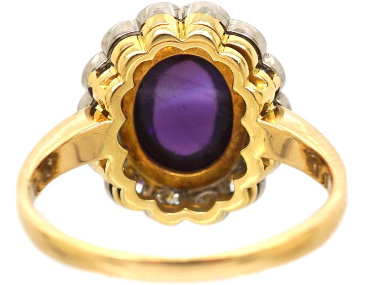 Vintage 18ct Gold, Cabochon Amethyst & Diamond Oval Cluster Ring