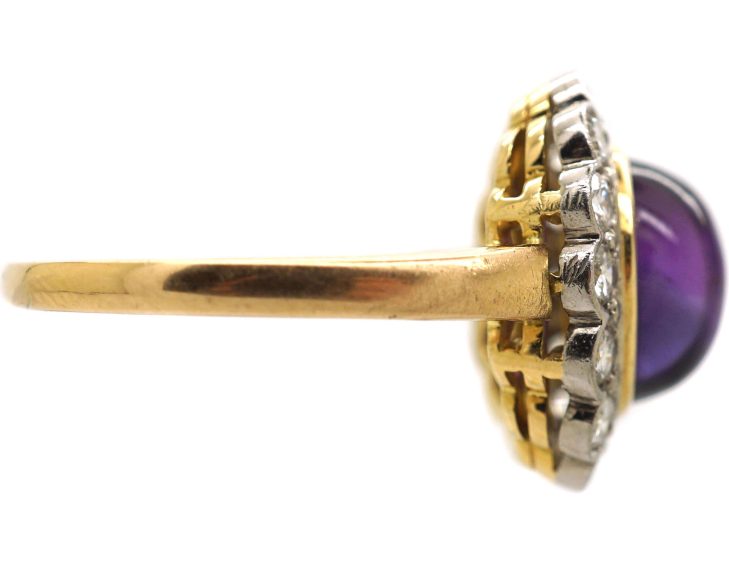Vintage 18ct Gold, Cabochon Amethyst & Diamond Oval Cluster Ring