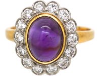 Vintage 18ct Gold, Cabochon Amethyst & Diamond Oval Cluster Ring