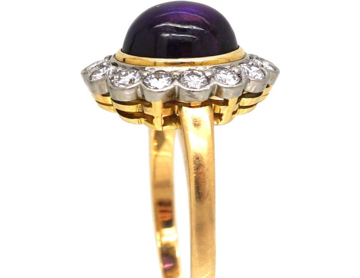 Vintage 18ct Gold, Cabochon Amethyst & Diamond Oval Cluster Ring