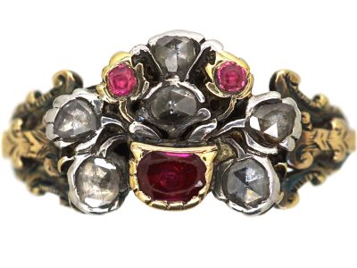 Georgian 9ct Gold & Silver Giardinetti Ring set with Rose Diamonds & Rubies