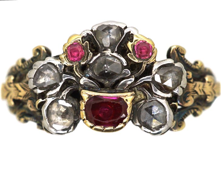 Georgian 9ct Gold & Silver Giardinetti Ring set with Rose Diamonds & Rubies