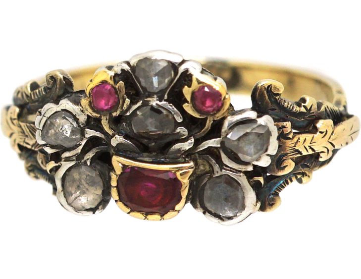 Georgian 9ct Gold & Silver Giardinetti Ring set with Rose Diamonds & Rubies