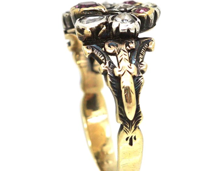 Georgian 9ct Gold & Silver Giardinetti Ring set with Rose Diamonds & Rubies