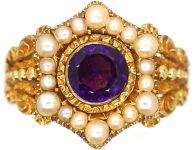 Georgian 18ct Gold, Amethyst & Natural Split Pearl Cluster Ring