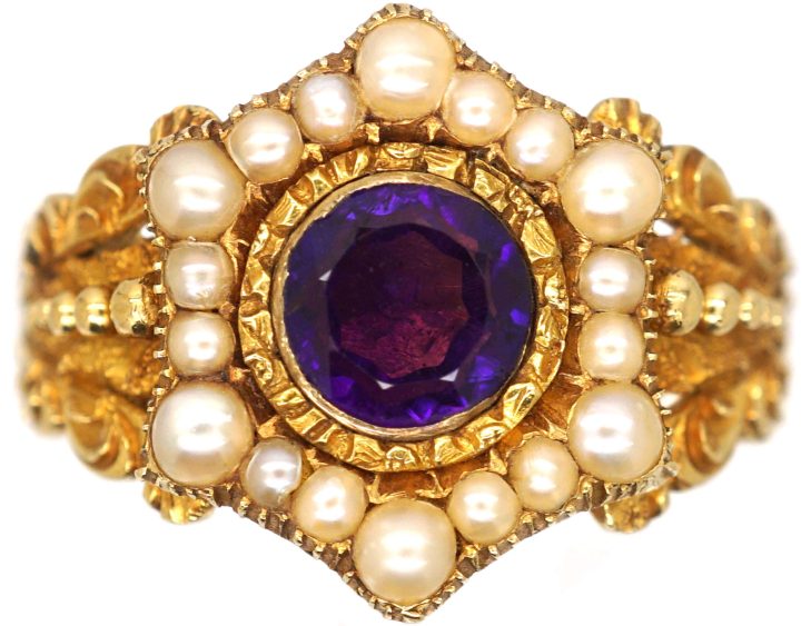 Georgian 18ct Gold, Amethyst & Natural Split Pearl Cluster Ring
