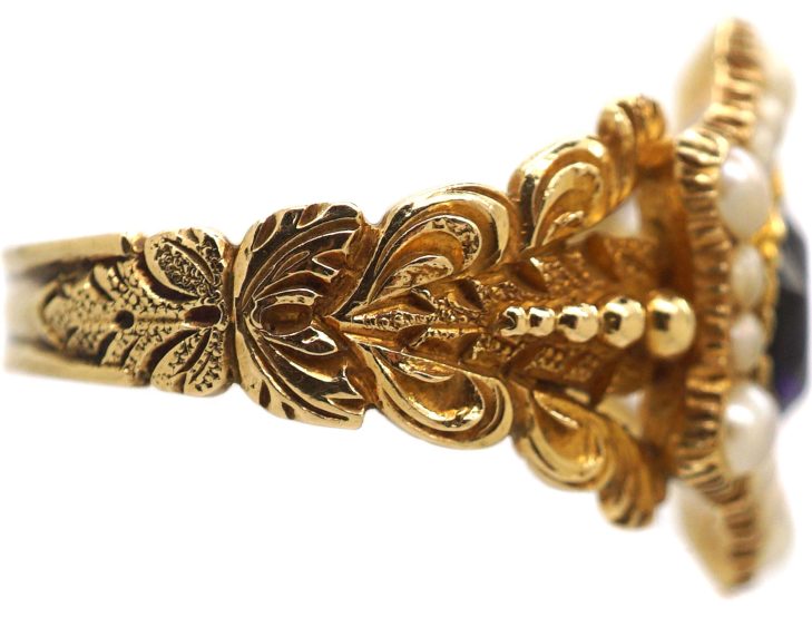 Georgian 18ct Gold, Amethyst & Natural Split Pearl Cluster Ring