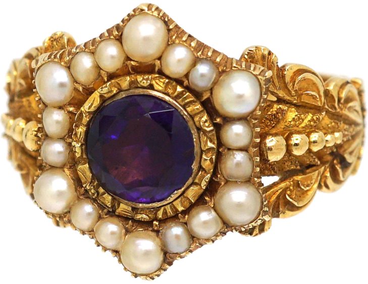 Georgian 18ct Gold, Amethyst & Natural Split Pearl Cluster Ring