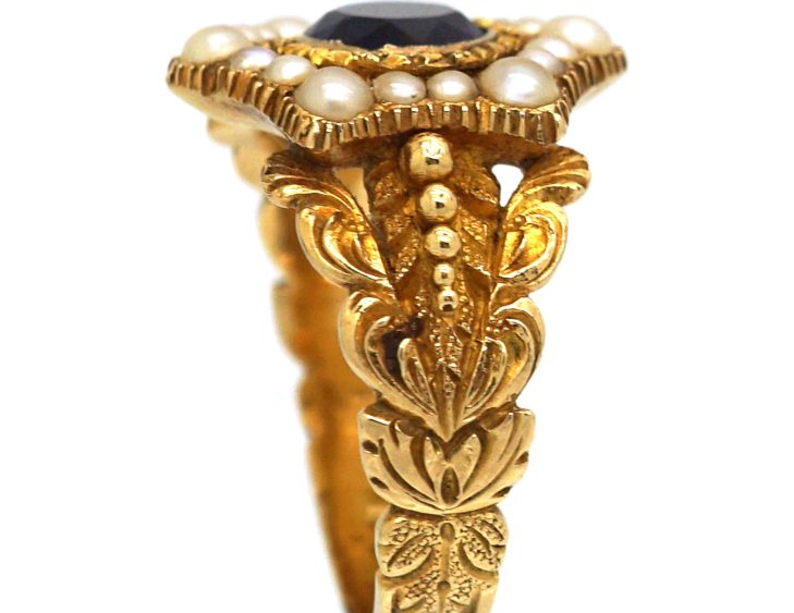 Georgian 18ct Gold, Amethyst & Natural Split Pearl Cluster Ring