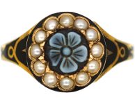 Victorian 15ct Gold & Black Enamel Ring with Onyx Flower Surrounded by Natural Split Pearls